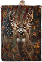 Deer American Flag Flannel Blanket 50x60in,Patriotic Buck in Autumn Forest Design,Cozy Rustic Throw for Hunters,Outdoorsmen,Cabin Decor,Wildlife and Nature Lovers Gifts Blankets