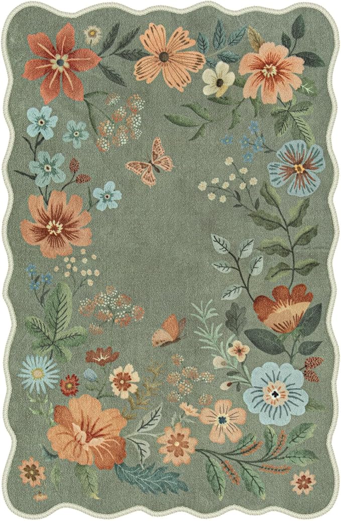 Lahome Floral Washable Rugs, 4X6 Rug for Bedroom Ultra-Thin Soft Dining Room Rug, Non-Slip Living Room Rugs Stain Resistant Boho Rug Lightweight Flore Throw Rug for ‎Office (4x6ft,Green)