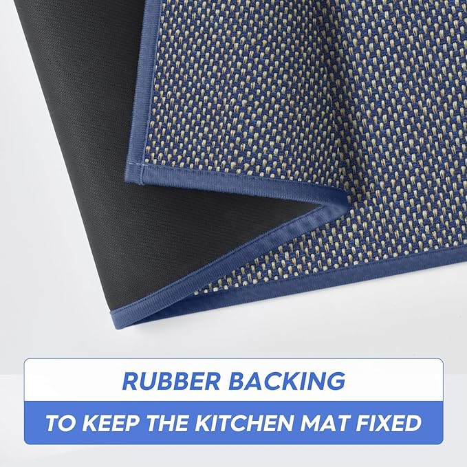 Artoid Mode Washable Non Slip Blue Kitchen Rugs and Mats Set of 2, Rubber Backing Absorbent Kitchen Mats for Floor Front of Sink - 17x29 and 17x47 Inch