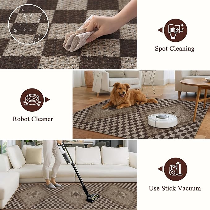 LIVEBOX Easy Jute 3x5 Washable Rug, Non Slip Farmhouse Kitchen Rugs, Brown Checkered Indoor Entrance Rugs Throw Mat with Rubber Backing, Ultra Thin Indoor Outdoor Porch Rug Patio Courtyard