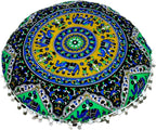CRAFT KALA 22" Round Mandala Boho Pillow Cover Meditation Room Seating Poufs Cover for Living Room Yoga Room Home Bedroom Balcony Garden Party Decoration Cotton Floor Cushion Cover 22", Blue Elephant