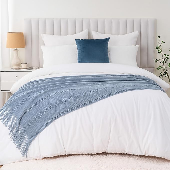 BATTILO HOME Bluish Grey Throw Blanket for Couch, Soft Knit Throws with Tassels for Home Decor, Blue Blankets and Throws for Bed Sofa, 50"x60"