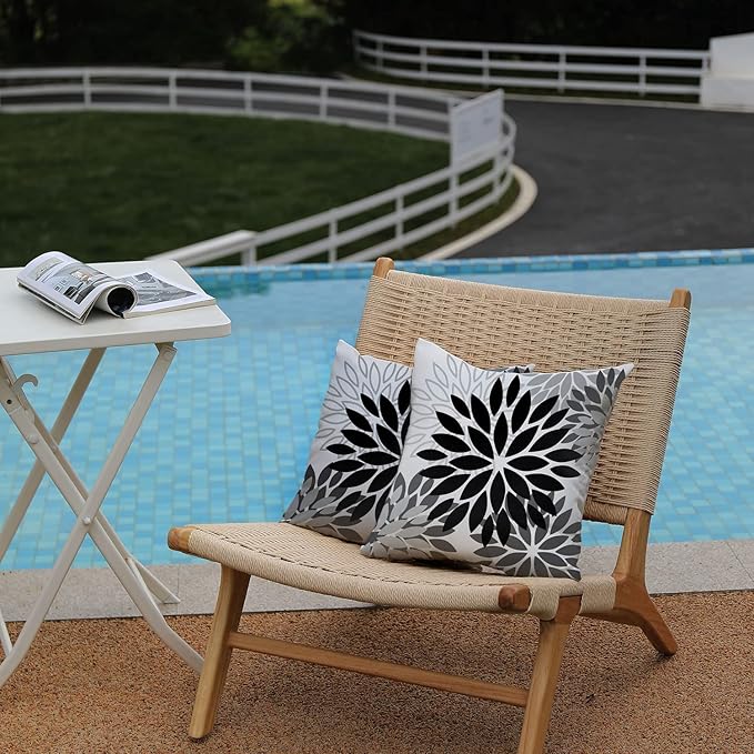 DFXSZ Black Grey Flower Pillow Covers 18x18 Inch Set of 2 White Gray Colored Throw Pillows Outdoor Waterproof Decor for Living Room Sofa Patio Funiture Garden Floral Polyester Pillow Covers 002I18