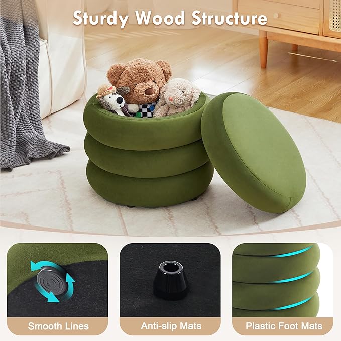 Compact Round Ottoman, Plush Velvet Upholstery Storage Ottoman, Modern Tufted Circle Design with Removable Lid for Lounge, Dorm and Entryway,Olive Green