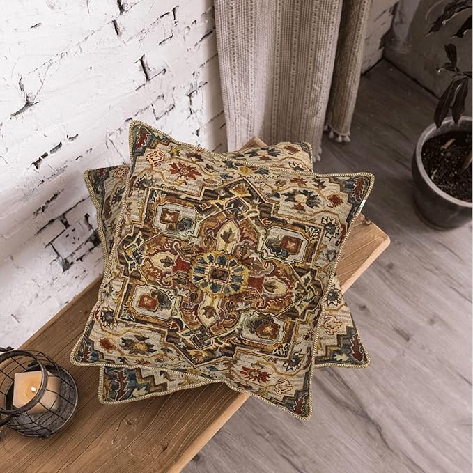 KSLIDS Boho Brown Soft Velvet Throw Pillow Covers Set of 2 Vintage Bohemian Rug Carpet Decorative Pillow Covers 20x20 Inch Antique Ethnic Pillow Case for Sofa Couch Living Room Home Decor
