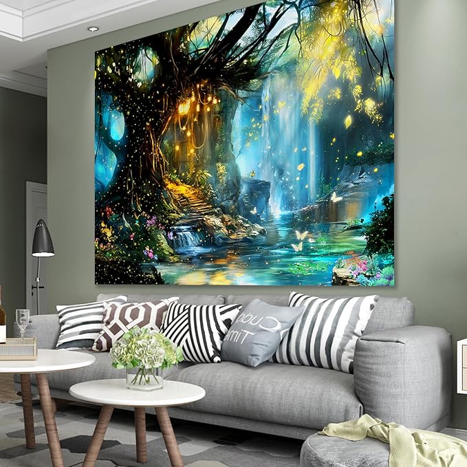 Apdidl Forest Nature Tapestry for Bedroom, Tree of Life Fantasy Backdrop Wall Mural Tapestries, Fairy Tales Magical Waterfall Landscape Large Tree Butterfly Wall Hanging for Living Room Decor 51"X60"
