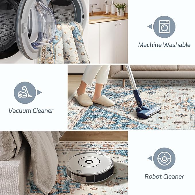 6x9 Area Rugs for Nursery Room, Easy-to-Care Washable Rug with Non-Slip Backing, Ultra-Thin Soft Rugs for Bedroom, Living Room, Floral Vintage Area Rug (Blue/Beige, 6'x9')