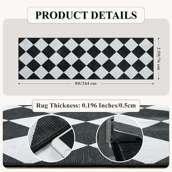Beeiva Checkered Print Runners for Hallways 2.5x8, Ultra Thin Black Kitchen Runners Non Skid Washable 8 ft, Modern Diamond Stain Resistant Low Pile Carpet for Bathroom Entryway Bedroom Laundry