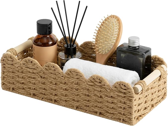 StorageWorks Toilet Paper Storage Basket, Living Room Organizers and Storage, Toilet Paper Basket with Wooden Handles, Small Paper Rope Scalloped Basket, Brown