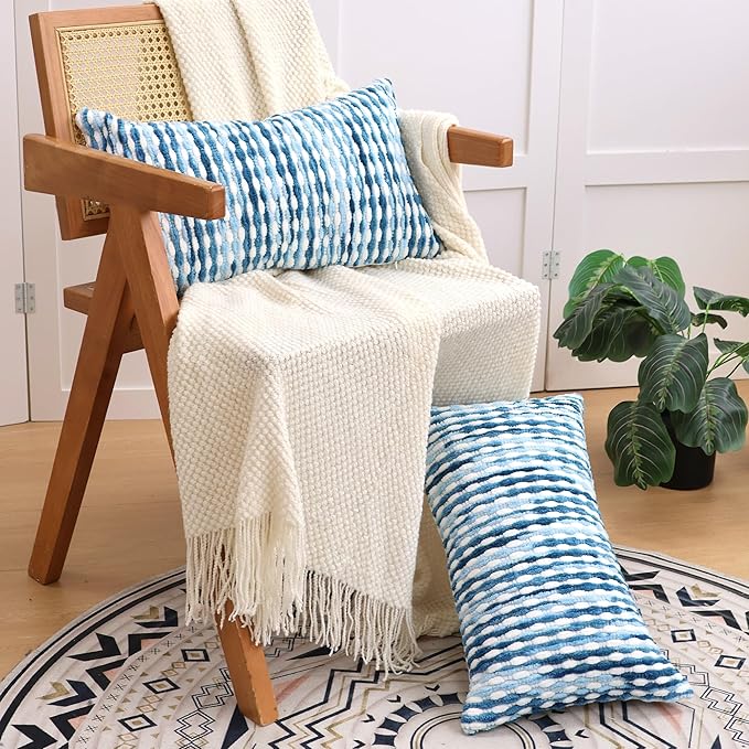 Boho Decorative Throw Pillow Covers 12x20 Inch, Chenille Tufted Pillow Cover Striped Textured Lumbar Farmhouse Accent Pillowcase for Couch Sofa Bedroom Living Room, Blue White Stripe, 2 Pack