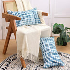 Boho Decorative Throw Pillow Covers 12x20 Inch, Chenille Tufted Pillow Cover Striped Textured Lumbar Farmhouse Accent Pillowcase for Couch Sofa Bedroom Living Room, Blue White Stripe, 2 Pack
