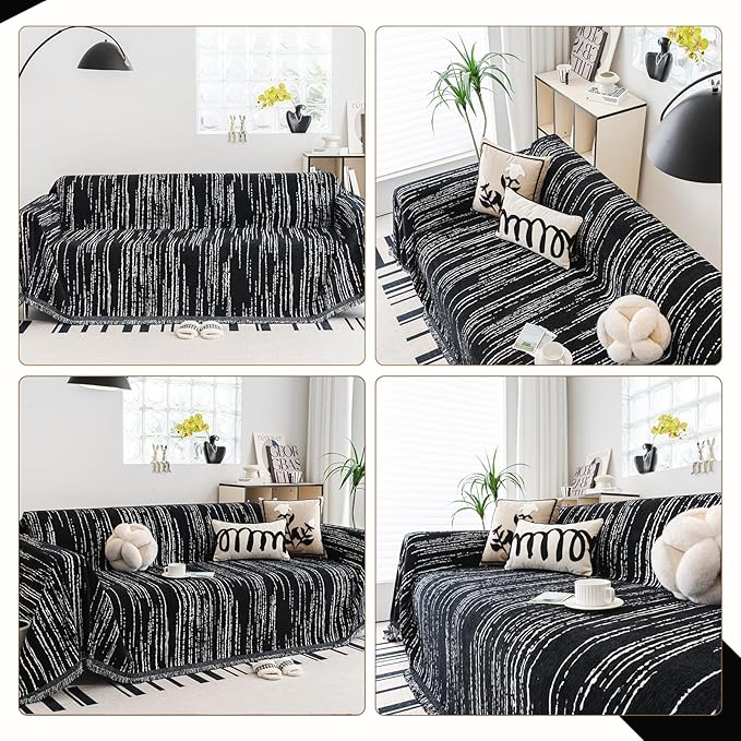 Chenille Couch Cover Pet Friendly, Sofa Cover Washable, Reversible Sofa Slipcover for Sectional Sofa, Loveseat, 2 or 3 Cushion Couch, Corner Sofa, Futon Cover (71" X 102", Black)