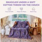 Boho Throw Blanket for Bed 100% Cotton Soft Lightweight Quilt Home Decor Purple Spring Bed Blanket,Floral Embroidery Reversible All Season Breathable Twin Throws for Sofa Couch Chair 60"x80"