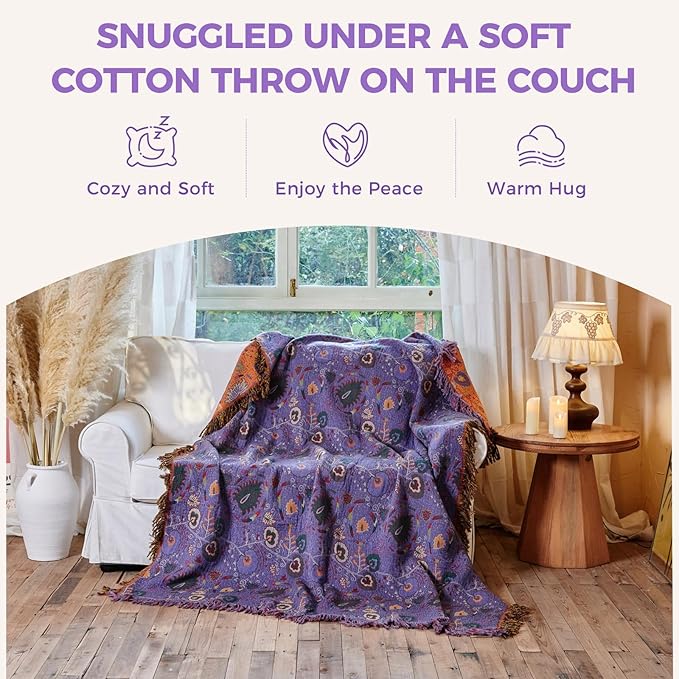Boho Throw Blanket for Bed 100% Cotton Soft Lightweight Quilt Home Decor Purple Spring Bed Blanket,Floral Embroidery Reversible All Season Breathable Twin Throws for Sofa Couch Chair 60"x80"
