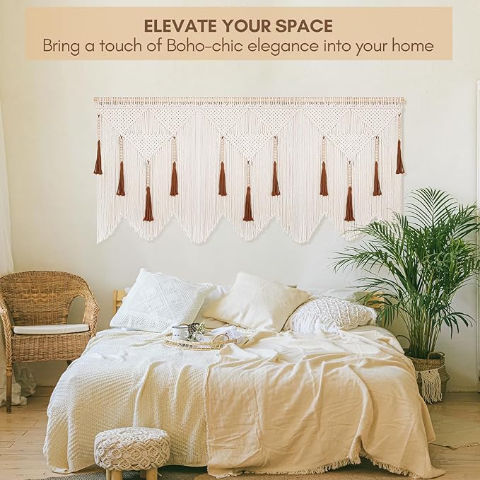 ANROYE Large Macrame Wall Hanging, Boho Woven Tapastry with Wood Bead Tassel, Above Bed Minimalist Decor for Bedroom, Bohemian Art Decoration for Living Room Apartment Home