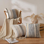 ANRODUO Pack of 2 Boho Decorative Throw Pillow Covers 26x26 Farmhouse Cushion Case Striped Chenille Pillow Cases Square Pillow Covers Accent Neutral Pillowcase for Sofa Couch Bed, Gray Blue Stripe