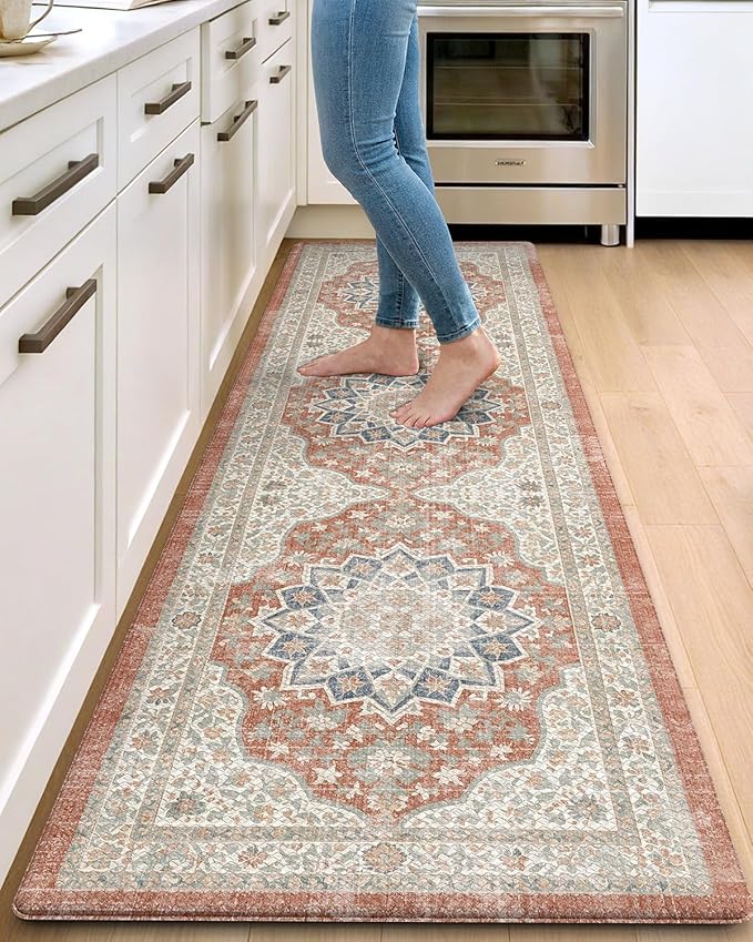DEXI Kitchen Floor Mats Anti Fatigue, 23x86 Large Long Cushioned Vintage Runner Rug Waterproof, Standing Comfort Memory Foam Padded for Front Sink Laundry Office, Orange and White