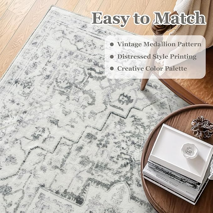 Distressed Farmhouse 5x7 Area Rugs for Living Room Bedroom Non Slip Washable, Medallion Pattern Printed Low Pile Thin Carpet Rugs for Dining Room/Kitchen/Home Office, Off White/Grey