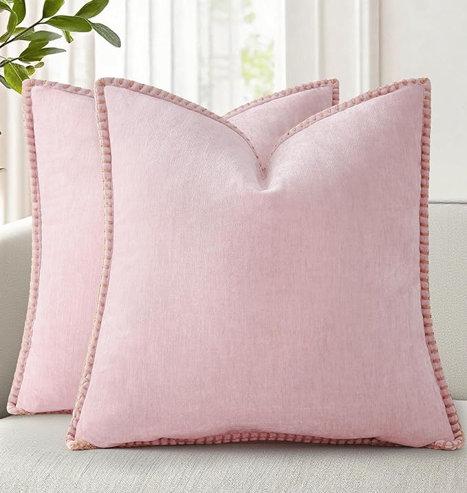 decorUhome Summer Chenille Soft Cozy Throw Pillow Covers 22x22 Set of 2, Modern Farmhouse Boho Velvet Decorative Euro Sham Pillow Cases with Stitched Edge for Couch Sofa Bed Home Decor, Blush Pink