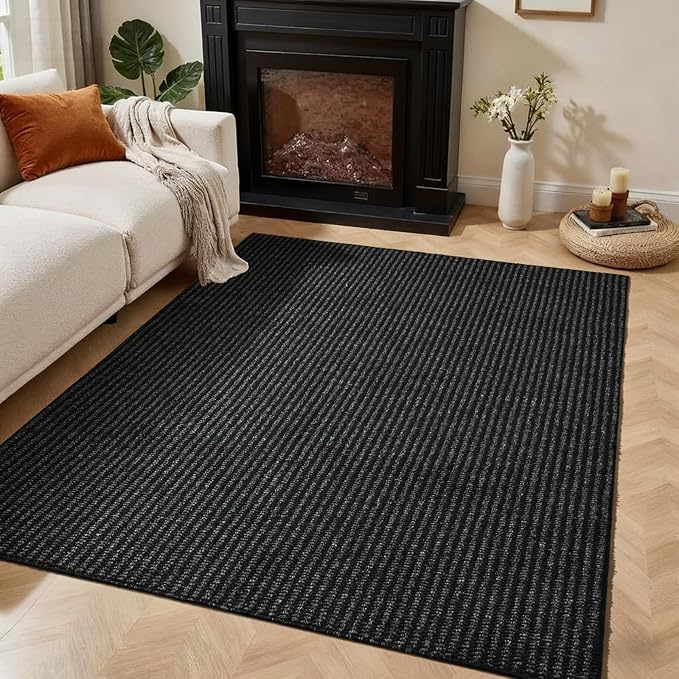 Softlife 4x6 Faux Jute Area Rug, Washable Rugs for Entryway Modern Farmhouse Non-Slip Accent Rug Floor Carpet for Dining Room Living Room Bedroom Kitchen Entryway, Black