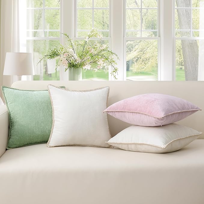 decorUhome Summer Chenille Soft Cozy Throw Pillow Covers 24x24 Set of 2, Modern Farmhouse Boho Velvet Decorative Euro Sham Pillow Cases with Stitched Edge for Couch Sofa Bed Home Decor, Blush Pink