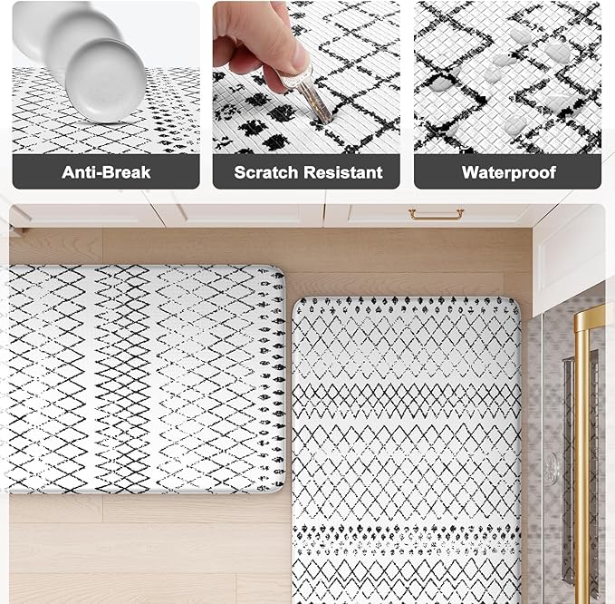 KIMODE Anti Fatigue Kitchen Mat, 20"x47"+20"x32" Kitchen Rugs Set of 2, Non-Slip Kitchen Floor Mats Cushioned, Comfort Mats for Kitchen Floor, Sink, Laundry, Office, Desk Black and White
