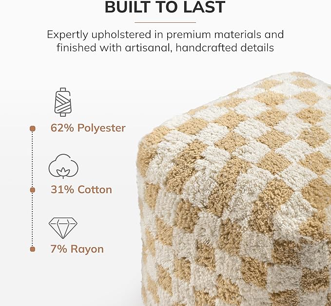 Anji Mountain Pouf Ottoman Foot Rest, Handmade Ottoman Pouf, Comfortable Foot Stool, Decorative Floor Seating for Living Room Decor, Bedroom & Home Décor Accent - Beige