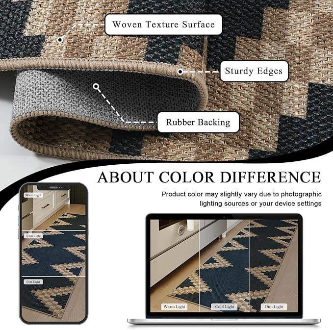 LIVEBOX Easy Jute Runner Rug for Entryway, 2x6 Runners Rug Kitchen Rugs Non Slip, Washable Black and Tan Boho Indoor Runner Rugs for Laundry Room Bedroom, Carpet Runners for Hallway 6ft