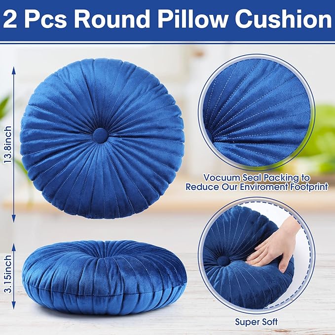 Namalu 2 Pcs Round Throw Pillow 13.8 Inch Decorative Round Velvet Floor Pillows Pumpkin Throw Pillows with Center Button for Thanksgiving Home Decor Living Room Sofa Couch Bed Chair (Navy Blue)