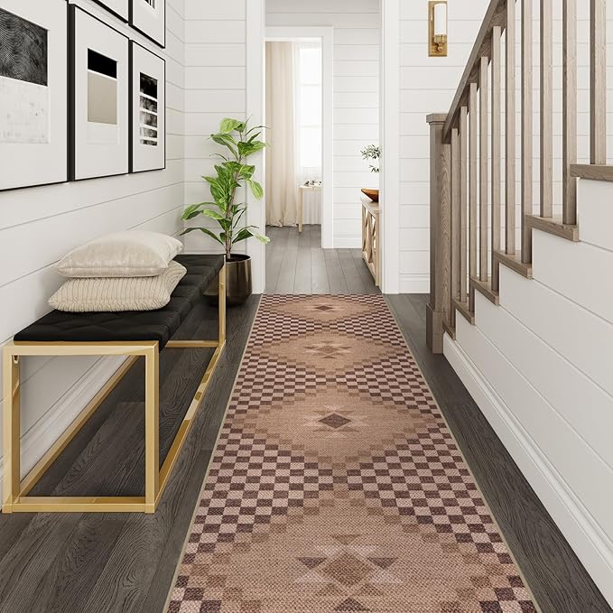 LIVEBOX Easy Jute Washable Runner Rug 2x10, Non Slip Brown Checkered Kitchen Rugs, Ultra Thin Farmhouse Runner Rugs for Hardwood Floor, Non Slip Long Hallway Rug 10 Ft