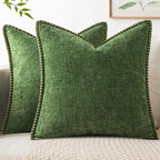 MIULEE Pack of 2 Couch Pllow Covers 18x18 Inch Moss Green Farmhouse Decorative Throw Pillow Covers with Stitched Edge Soft Chenille Solid Dyed Pillow Covers for Sofa Bed Living Room