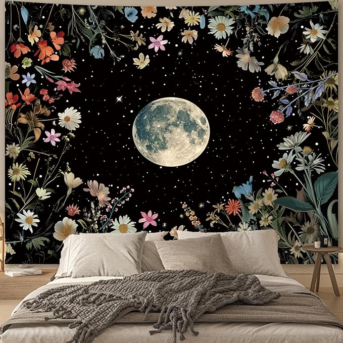 Apdidl Moon Floral Ceiling Tapestry for Bedroom Decor, Boho Flower Plant Garden Aesthetic Tapestries Wall Hanging, Black Nature Butterfly Wall Covering for Dorm Living Room (51"X60")