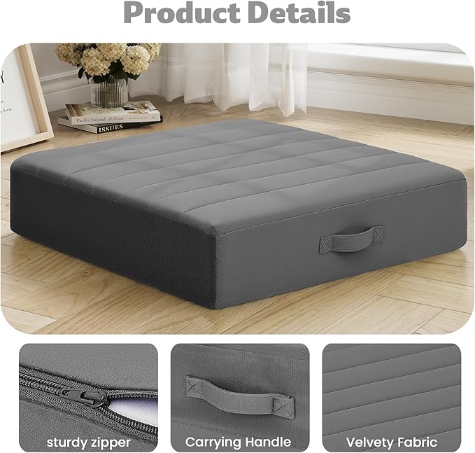 MeMoreCool Square Floor Pillows for Adults Kids, 2 Sets Large Meditation Cushion with 5" Thick Foam and Washable Tufted Cover, 22 Inch Grey Seat Floor Cushions for Sitting and Yoga