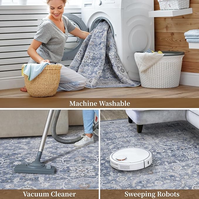 MontVoo-Vintage Area Rug 6X9 Blue Rugs for Living Room-Soft Distressed Printed Rugs for Bedroom-Non Slip Carpet-Machine Washable Rug for Dining Room Living Room Bedside Office