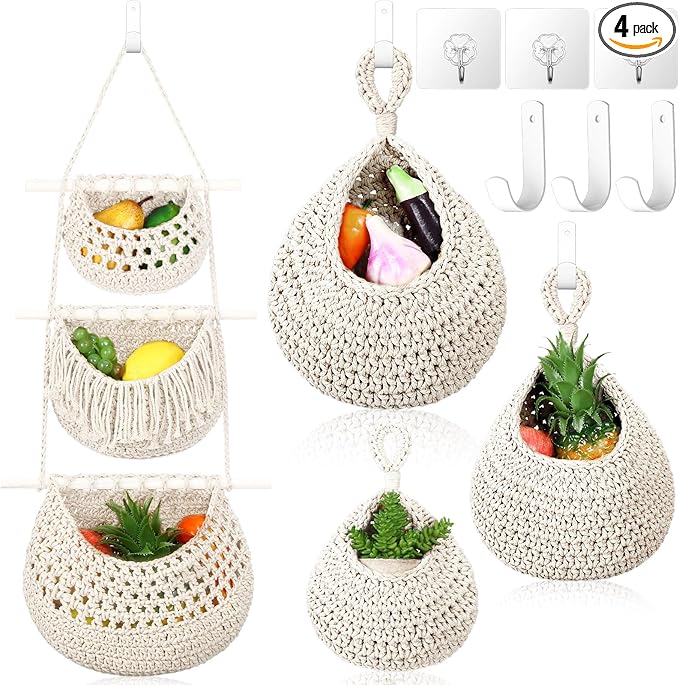 Windyun 4 Pcs Hanging Fruit Basket Teardrop Baskets Handmade Woven Cotton Rope 3 Tier over the Door Organizer Hanging Boho Wall Decor for Storage Kitchen(White)