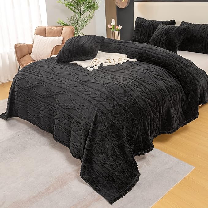 YUSOKI Sherpa Large Throw Blanket Single Layer,Light Weight(1.7lb),370GMS-3D Stylish Design for Gift Home Decor (Black,50"x65")