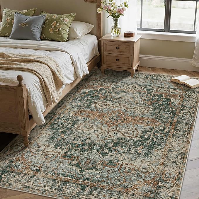 4x6 Rug for Living Room Bedroom, Green Washable Throw Rugs, Vintage Retro Boho Area Rugs, Non Slip & Low Pile Accent Throw Carpet for Indoor Dining Room, Kids Room and Office(Green 4x6ft)