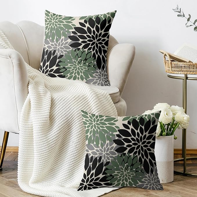 Black Sage Green Pillow Covers 16X16 Inch Set of 2, Spring Summer Floral Dahlia Flower Cream Decorative Throw Pillow Covers Outdoor Modern Farmhouse Cushion Case for Home Couch Sofa Bed Decor