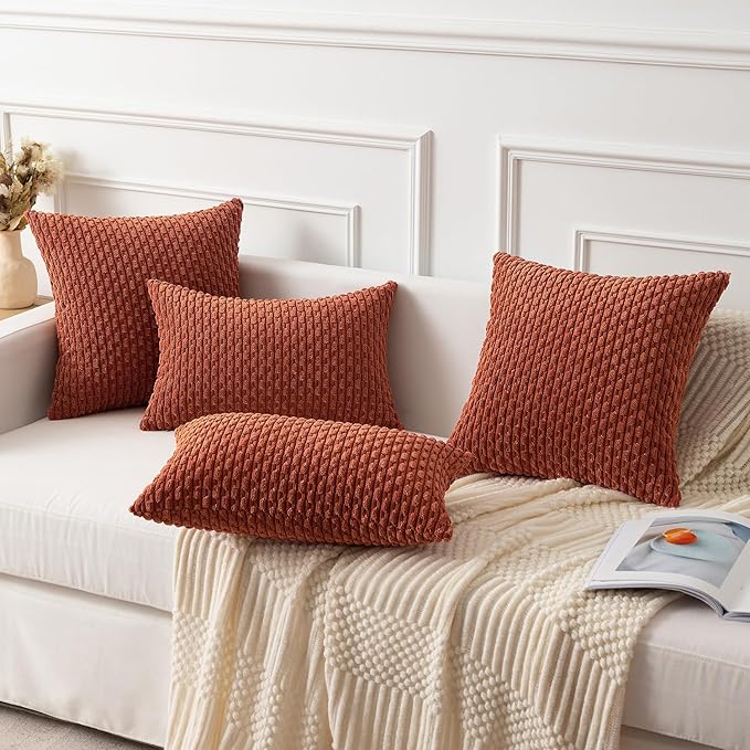 Kevin Textile Fall 12x20 Inch Pillow Cover 1 Pack Boho Decorative Soft Striped Corduroy Lumbar Farmhouse Solid Color Accent Rectangle Cushion Case for Living Room Couch Sofa Bed, Rust
