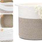 Laundry Hamper,Blanket Basket in Living Room Decor,Pure Cotton Rope Woven Basket for Dirty Clothes,Storage Basket for Nursery Bin,Baby Toy Storage,15.5 * 13.5 inches-40L White & Brown Mixed