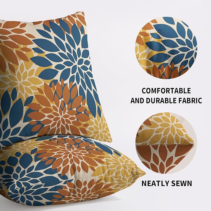 Blue Orange Yellow Pillow Covers 24X24 Inch Set of 2, Modern Dahlia Floral Print Decorative Throw Pillow Covers Outdoor Farmhouse Cushion Case for Home Couch Sofa Bed Decoration