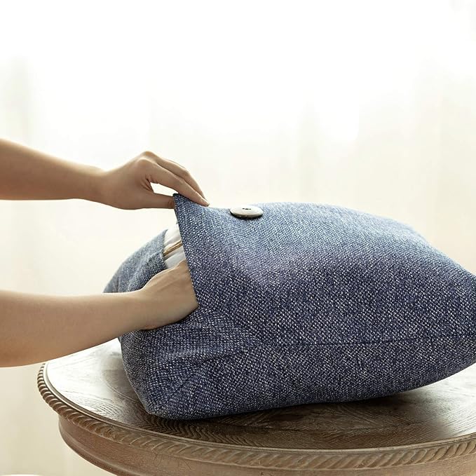 Phantoscope Pack of 2 Farmhouse Geometric-Pattern Button Vintage Linen Decorative Pillow Cover for Couch Bed and Chair Denim Blue 18 x 18 inches 45 x 45 cm