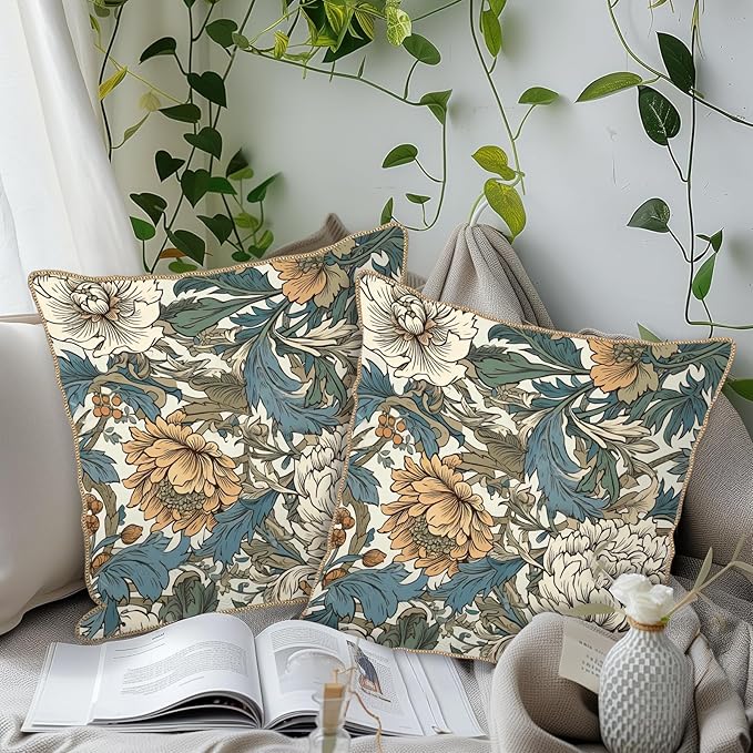 KSLIDS Vintage Flowers Soft Velvet Throw Pillow Covers Set of 2 Floral Plant Leaves Decorative Pillow Covers 20x20 Inch Yellow White Flowers Pillow Case for Sofa Couch Bedroom Farmhouse Home Decor