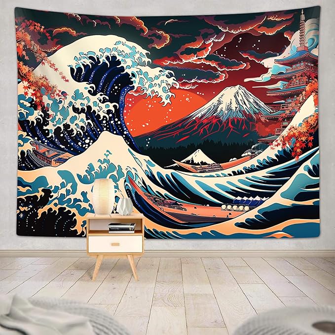 Sanzugh Cool Japanese Anime Tapestry Aesthetic, Black and Red The Great Wave Sun Mount Fuji Mountain Nature Art Tapestries Wall Hanging for Men Boys Bedroom Room Office Decor 60X40 Poster
