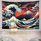 Sanzugh Cool Japanese Anime Tapestry Aesthetic, Black and Red The Great Wave Sun Mount Fuji Mountain Nature Art Tapestries Wall Hanging for Men Boys Bedroom Room Office Decor 60X40 Poster