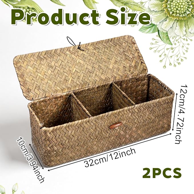 2 PCS Seagrass Storage Basket with Lid, Boho Small Woven Shelf Basket Rectangular Toilet Roll Bin 3-Section Divided Organizer for Snack Tampon Bathroom Closets Pantry Coffee Table Counter