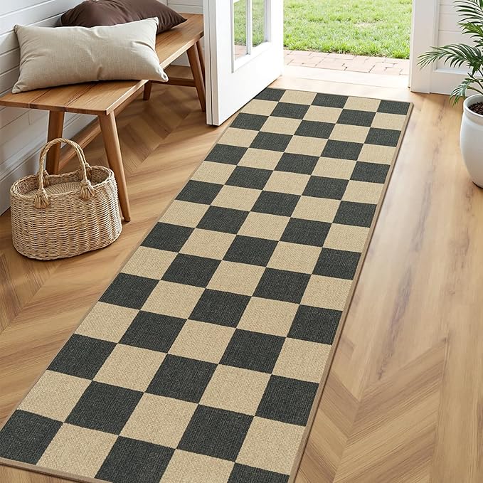 Lessymo Checkered Easy Jute 2x6 Rug, Kitchen Runner Rug Non Slip Washable Entryway Bathroom Rug, Farmhouse Black Indoor Outdoor Carpets for Bedroom Hallway Porch, Diamond Black/Beige