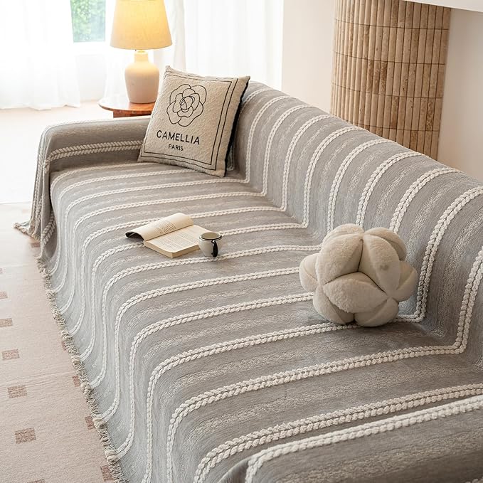 VClife Chenille Sofa Cover Bohemian Striped Pattern Couch Cover for 2 Cushion Sofa - Gray Creamy White Textured Sofa Slipcover Washable Furniture Protector for Couch Decorative Couch Cushion Cover