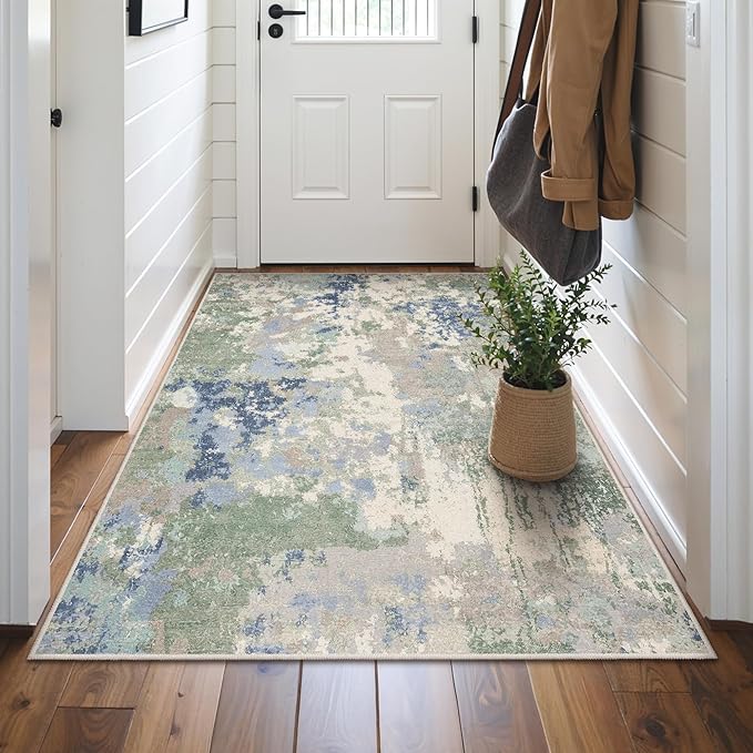 GENIMO 5X7 Washable Modern Area Rugs for Living Room, Non-Slip Low Pile Chenille Print Rug, Soft Rugs for Bedroom Dining Room Home Office, Sage Mist