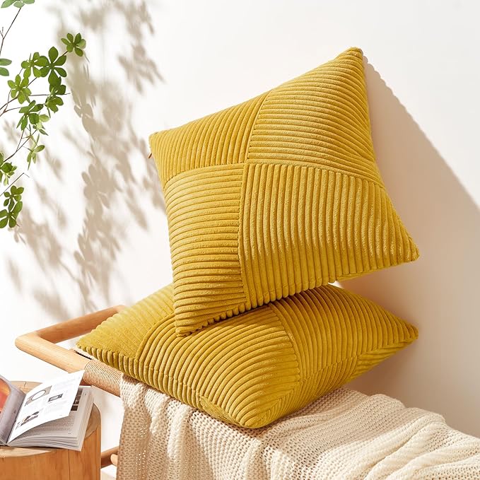 Topfinel Set of 2 Decorative Yellow Throw Pillow Covers 12x12 Inch, Soft Corduroy Pillow Covers Windmill Textured Striped Patchwork Cushion Cases for Couch Sofa Bed Cute Aesthetic Home Decor